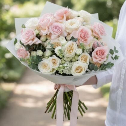 Hand-tied pink and white roses bouquet with silver dollar eucalyptus in premium wrapping.