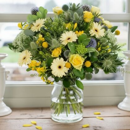 Close-up of a stunning rose and freesia bridal bouquet with lush greenery for a classic wedding look.