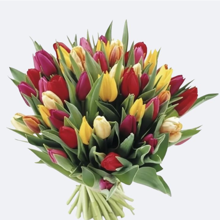 Hand-Tied Rainbow Tulips Bouquet 1 A vibrant Rainbow Tulips Bouquet professionally arranged in a hand-tied style.
