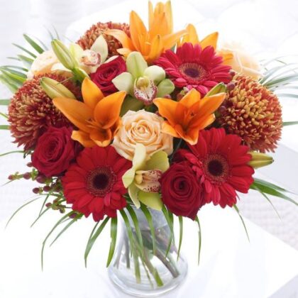 Beautiful Orange lily and red roses Bouquet in vase Next Day Delivery