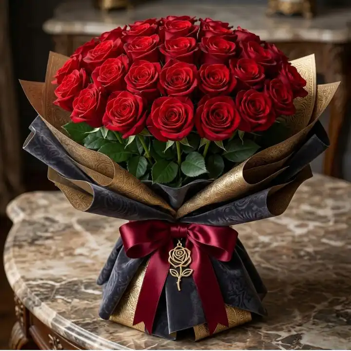 Luxury 100 Red Roses Bouquet 1 A grand bouquet of 100 luxury red roses arranged with elegant greenery in a stylish wrap.