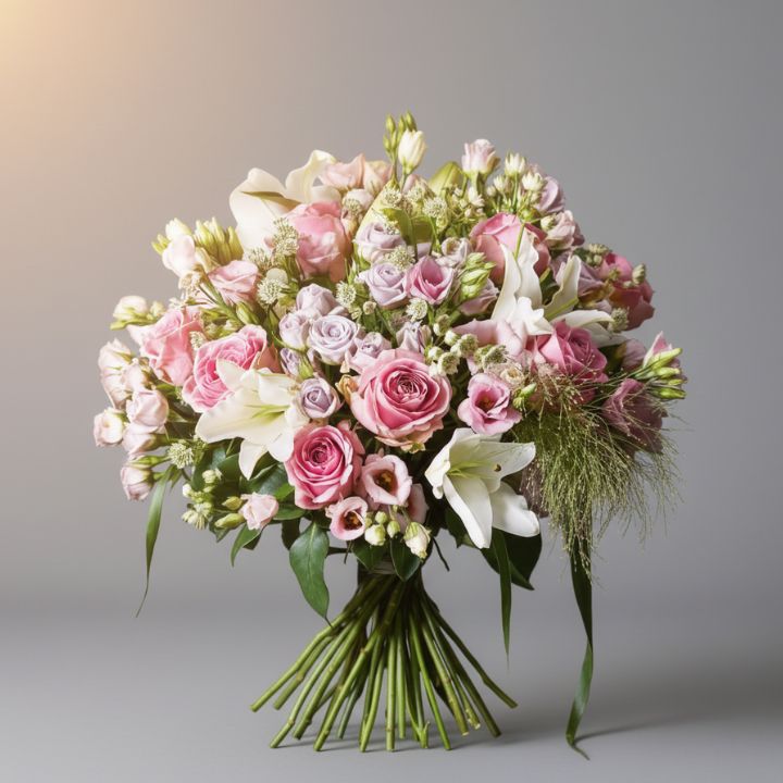 The Serenity Bouquet: Pink Lilies & White Roses 1 Hand-tied pink lilies and white roses bouquet with fresh greenery for an anniversary gift.