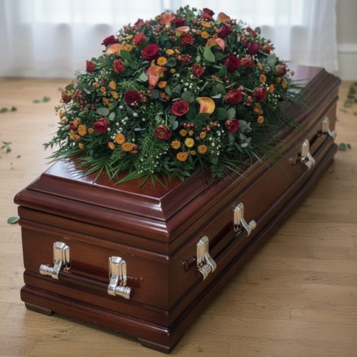 Radiance 5ft Coffin Spray 1 A grand 5ft coffin spray meticulously crafted with vibrant red roses and elegant white calla lilies for a funeral service.