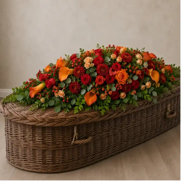 Red And Orange Mixed Casket Spray 1 Red And Orange Mixed Casket Spray on coffin