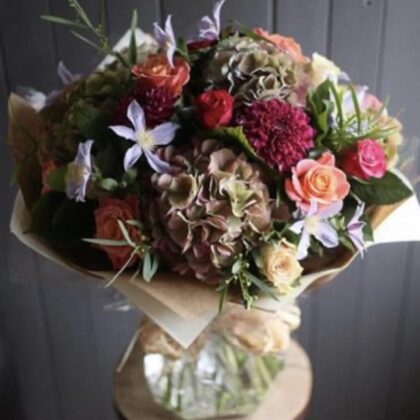 Autumnal Roses and Hydrangeas hand-tied flower bouquet Next Day Delivery