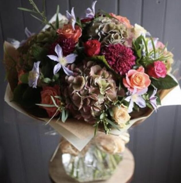 Autumnal Roses and Hydrangeas hand-tied flower bouquet Next Day Delivery