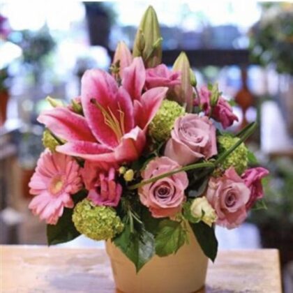 Pink Roses Flower Bouquet in a Ceramic Pot 