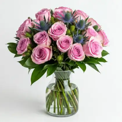 Elegant Pink Rose & Thistle Bouquet