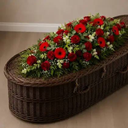 Red Rose and Gerbera Coffin Spray on coffin