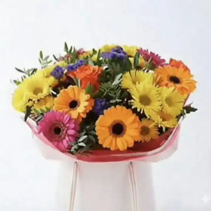 Vibrant Sunrise Hand-Tied Gerbera & Rose Bouquet 1 A hand-tied orange and yellow gerbera bouquet accented with roses and lush greenery in a bright setting.