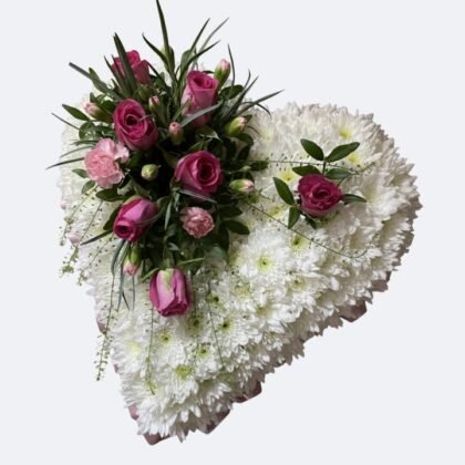 Beautifully handcrafted White Heart Funeral Flowers made with fresh white chrysanthemums and organic pink roses.