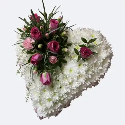 Beautifully handcrafted White Heart Funeral Flowers made with fresh white chrysanthemums and organic pink roses.