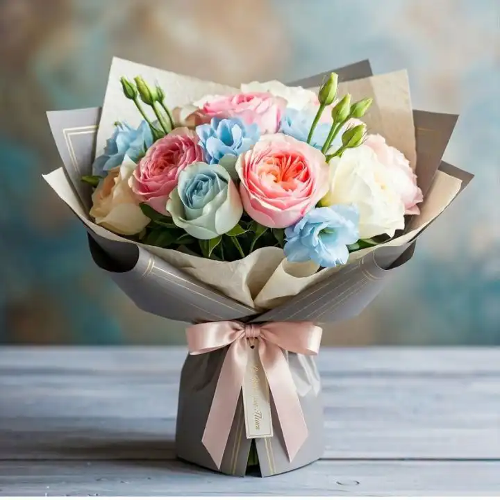 The Timeless Romance Bridal Bouquet 1 A handcrafted rose and lisianthus bridal bouquet featuring soft cream roses and deep purple lisianthus with green foliage.