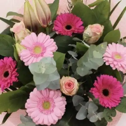 Radiant Pink Bliss: Hot Pink Gerbera & Lily Hand-tied Bouquet