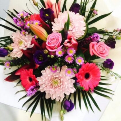 Pink roses carnations lilies peonies Hand Tied Flower Bouquet