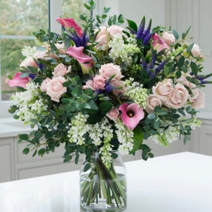 Luxury Fresh Pastel flower bouquet Delivery ( pale pink roses,calla lily, delphinium bouquet )