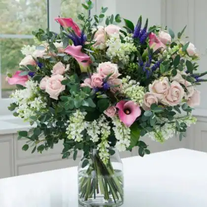 Luxury Fresh Pastel flower bouquet Delivery ( pale pink roses,calla lily, delphinium bouquet )