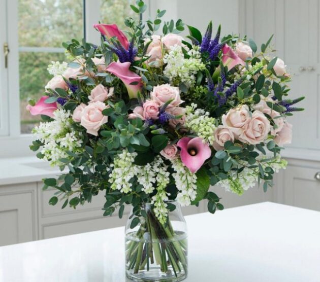 Luxury Fresh Pastel flower bouquet Delivery ( pale pink roses,calla lily, delphinium bouquet )