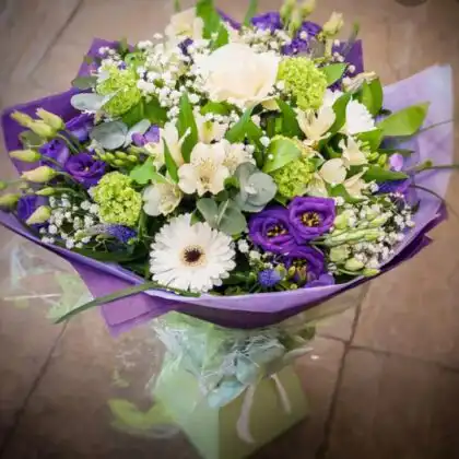 white and purple hand tied