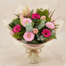 Radiant Pink Bliss: Hot Pink Gerbera & Lily Hand-tied Bouquet