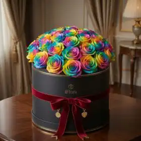 Luxury Rainbow Roses in Hat Box