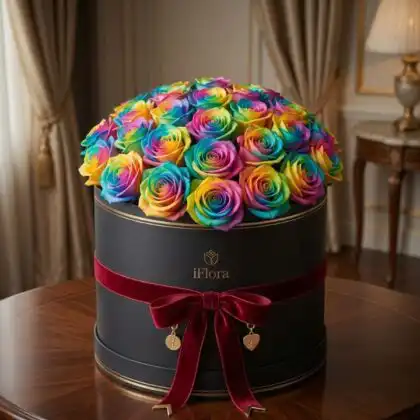 A vibrant arrangement of rainbow roses in box featuring colorful petals in a sleek black luxury gift container.