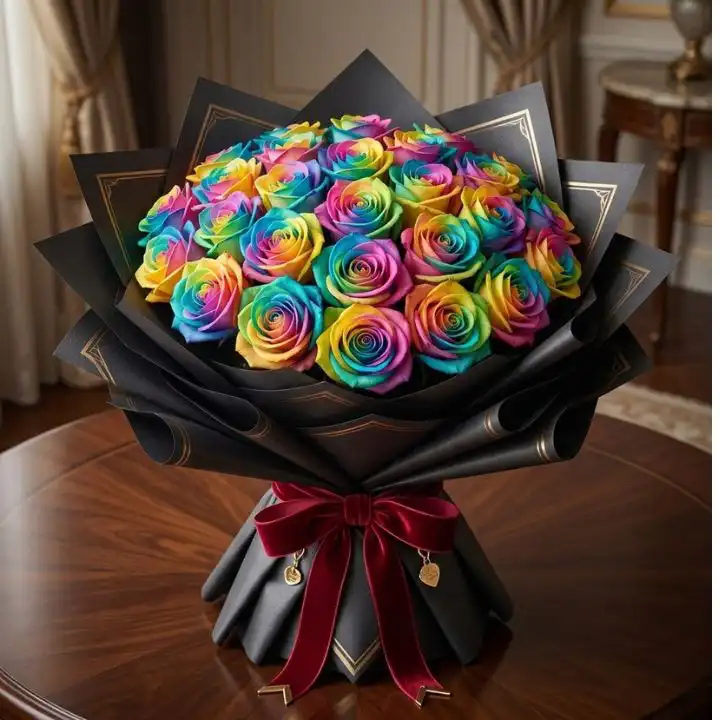 Luxury Rainbow Roses in Hat Box 2 A vibrant arrangement of rainbow roses in box featuring colorful petals in a sleek black luxury gift container.