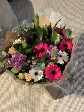 Buy with 10% discount Cerise Pink Green Hand Tied Bouquet