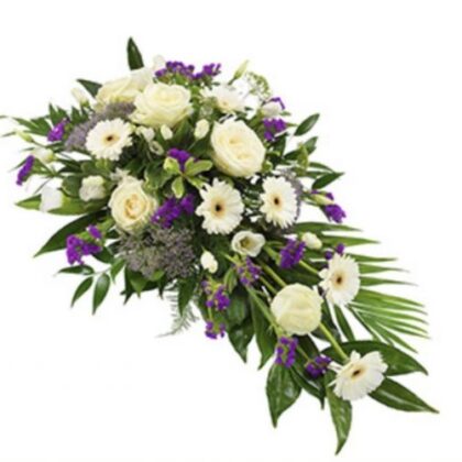 White and Purple Funeral Coffin Spray Arrangement