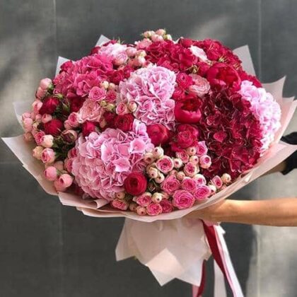 Pink Hydrangea and Roses Hand-Tied Bouquet