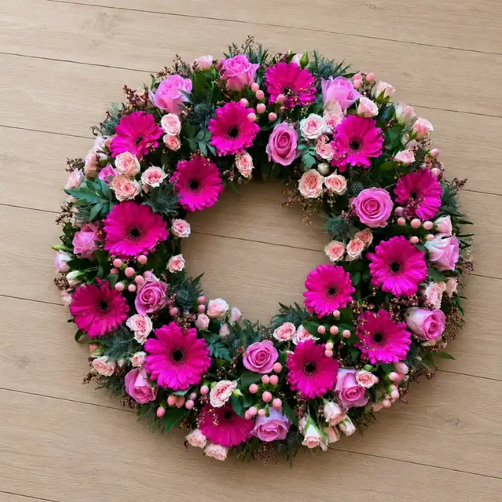Elegant Pink Rose and Magenta Gerbera Funeral Wreath 1 Elegant Pink Rose and Magenta Gerbera Funeral Wreath whit Pink Hypericum Berries , Blue Eryngium (Blue Thistle), Pink Waxflower