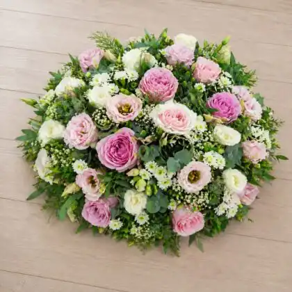 Graceful Pink & White Rose Remembrance Posy with Lisianthus, Chrysanthemum, Gypsophila filler, greenery .