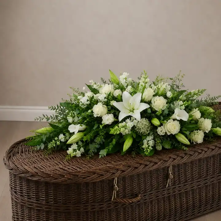 Premium White Lily and Rose Coffin Spray 1 Premium White Lily and Rose Coffin Spray on a willow coffin