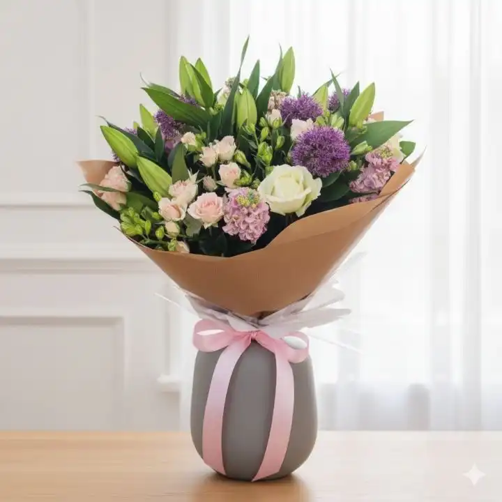 Lilies & Roses Luxury Bridal Bliss Bouquet 1 A hand-tied bridal bouquet lilies and roses with lush greenery for a classic wedding ceremony.