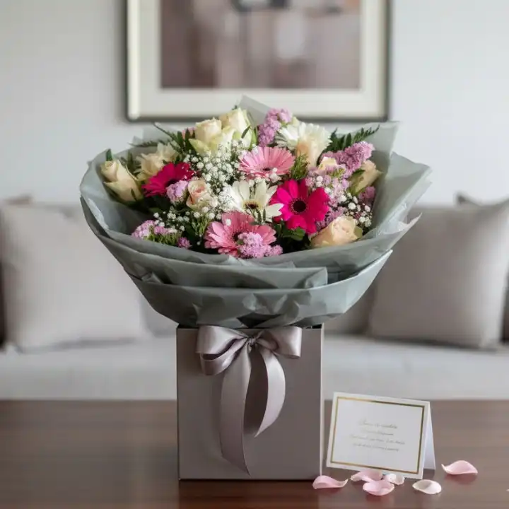 The Blush & Cream Signature Bouquet with Gerbera and Rose 1 A hand-tied light pink gerbera daisy bouquet accented with soft cream roses and fresh green foliage.