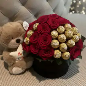 Eternal Red Rose & Ferrero Luxury Hatbox with Plush Keepsake
