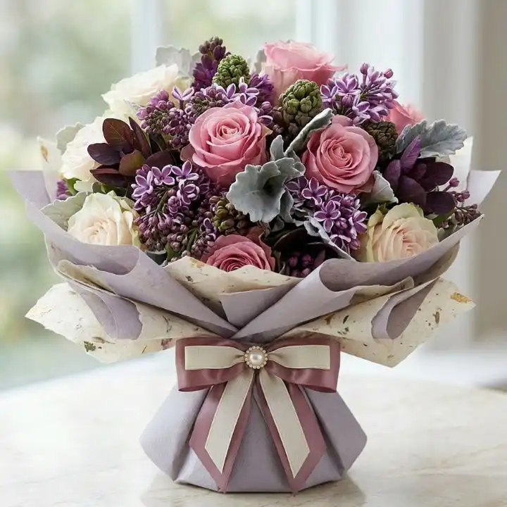 Enchanting Rose & Lilac Bliss Bouquet 1 Handcrafted roses and lilac bouquet arranged in a stylish vase with soft green foliage.