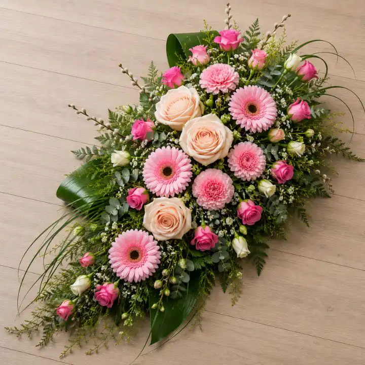 Pink Gerbera & Peach Rose Single Ended Spray 1 Pink Gerbera & Peach Rose Single Ended Spray