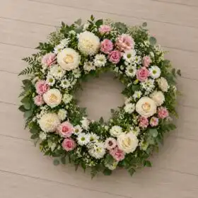 White and Pink Rose Funeral Wreath with White Chrysanthemum