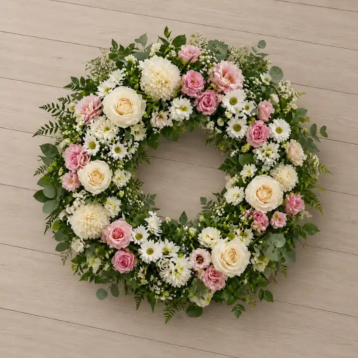 White and Pink Rose Funeral Wreath with White Chrysanthemum 1 White and Pink Rose Funeral Wreath with White Chrysanthemum , White Daisy