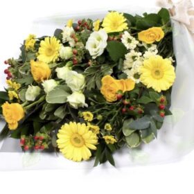 Hand-Tied Funeral Sheaf Bouquet with Yellow Gerberas