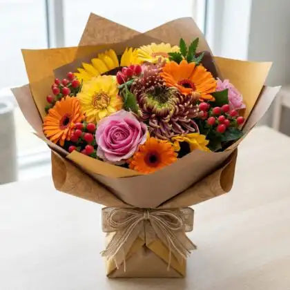 A vibrant rose and gerbera daisy bouquet arranged with lush greenery in a luxury floral display.