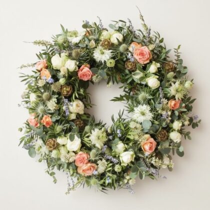 A rustic memorial thistle wreath funeral arrangement featuring soft peach roses and textured greenery on a wooden background.