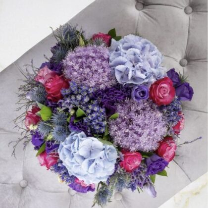 Buy Purple Hydrangea and Pink Rose Bouquet Delivery