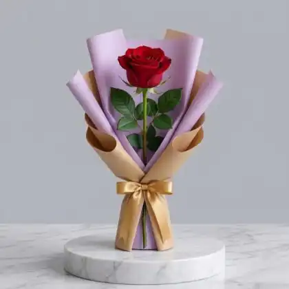 A premium red single rose with a long green stem and delicate velvet petals against a clean background.