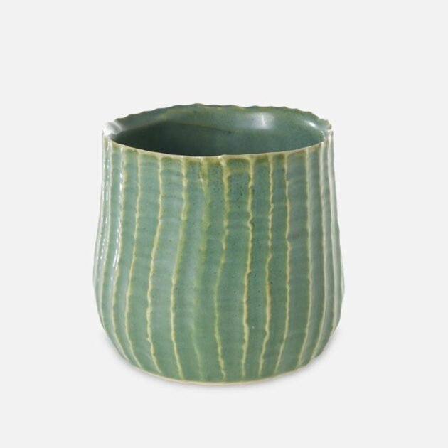 Green Ribbed Ceramic Planter for Indoor Plants