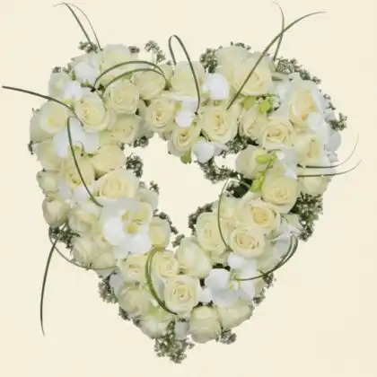 Handcrafted open heart funeral flowers with cream roses and white orchids on a leaf base.