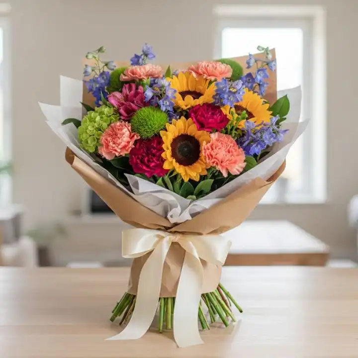 Luxury Mixed Carnation & Freesia Bouquet 1 A vibrant arrangement of mixed carnation and freesia bouquets in a decorative wrap, showcasing fresh textures and colors.