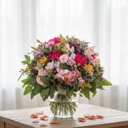 A lush bouquet of pink rose and carnation flower arrangements accented with fresh greenery in a decorative wrap.