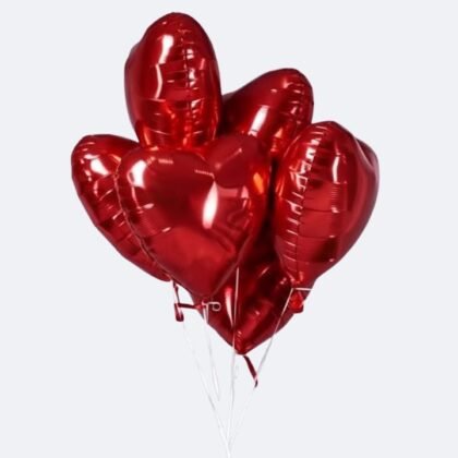 A cluster of shiny red heart balloons tied with ribbons, ideal for romantic surprises and celebrations.